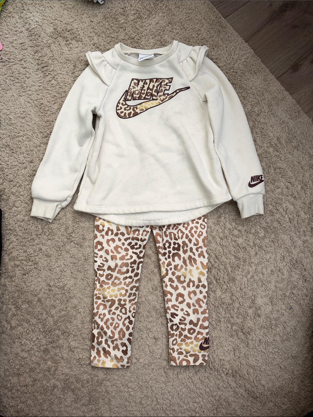 Nike Girls Cream Sweatshirt with Leopard Swoosh & Matching Leggings